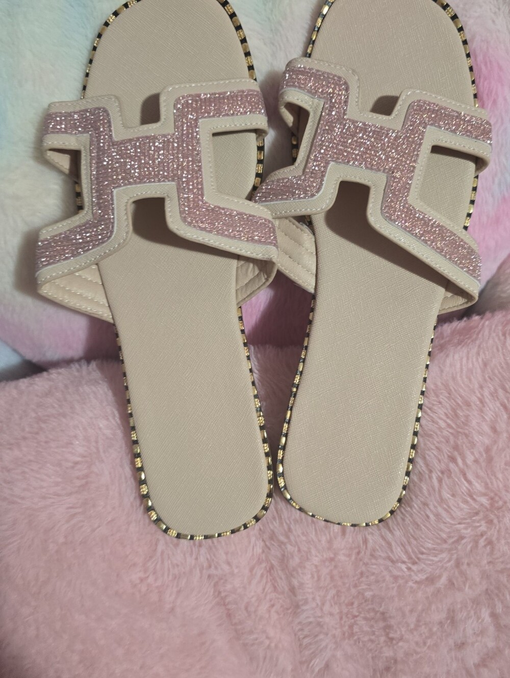 Women's Beige Slide Sandals with Pink Glitter Accent